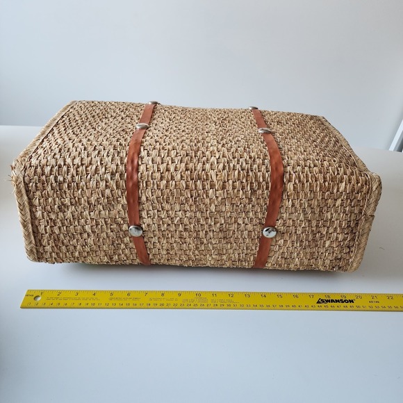 Vintage 1950 60s Woven Straw Raffia Tote Bag 3D Floral Tiki Embroidery Cottage - Picture 12 of 15